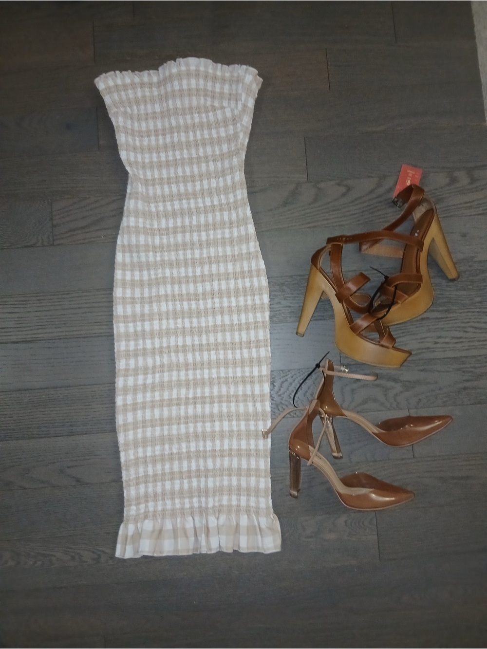 Zara Beige and White Strapless Ribbed Midi Dress